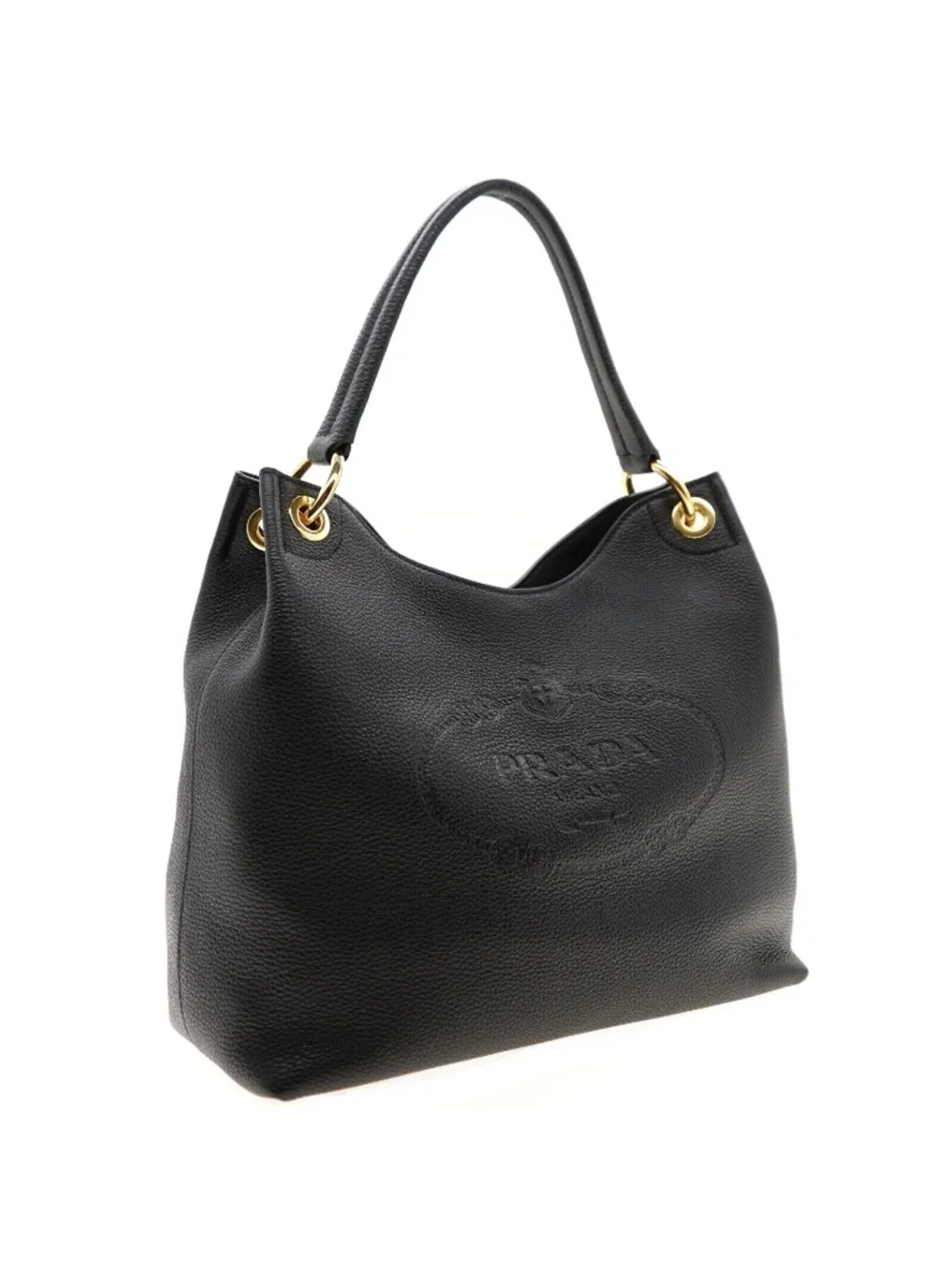 Prada Hobo Shoulder Bag Embossed Logo Black Leather 1BC051 New